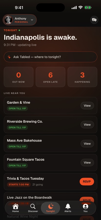 Tabled app — Tonight screen